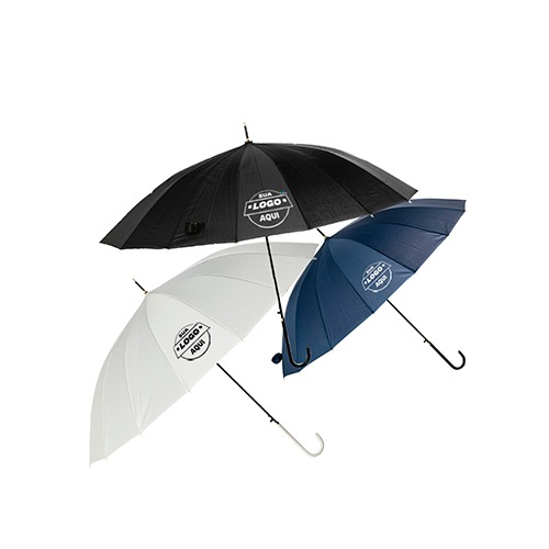 Guarda-chuva de poliester com abertura automática, estrutura em aço de 16 varetas em fibra de vidro. Possui pegador em couro sintético com botão de acionamento.

Altura: 85,5cm

Largura: Pegador 8cm

Diametro: 103,5cm

Medids aproximadas para gravação (CxL): 15cm x 15cm.